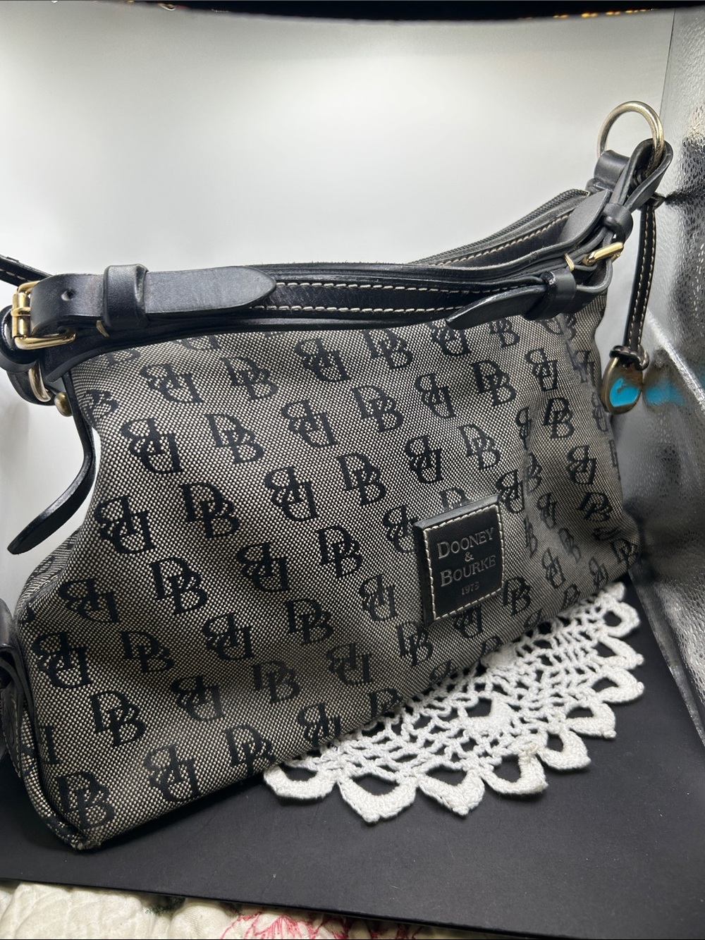 Dooney & Bourke Black Logo Canvas Shoulder Bag with Leather Trim